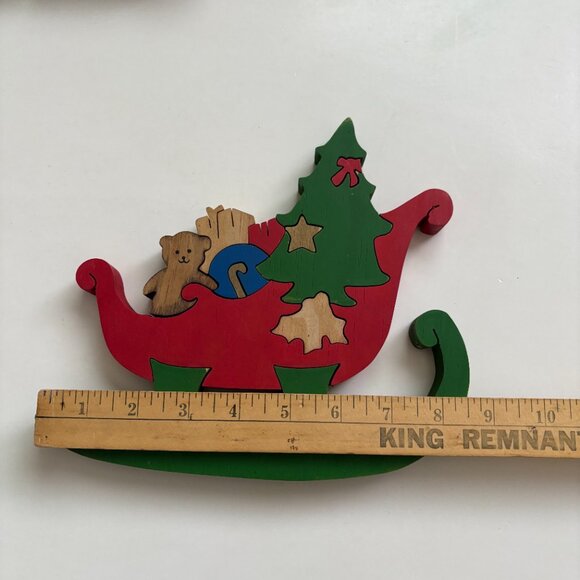 Santa Sleigh Jigsaw Puzzle Block Wood Handcrafted Christmas Figurine 3D Vintage - Picture 3 of 15